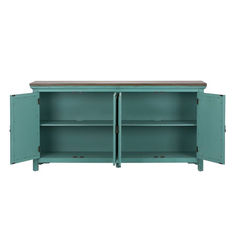 Kensington Turquoise W/ Worn Wood Tone Top 4 Door Accent Cabinet
