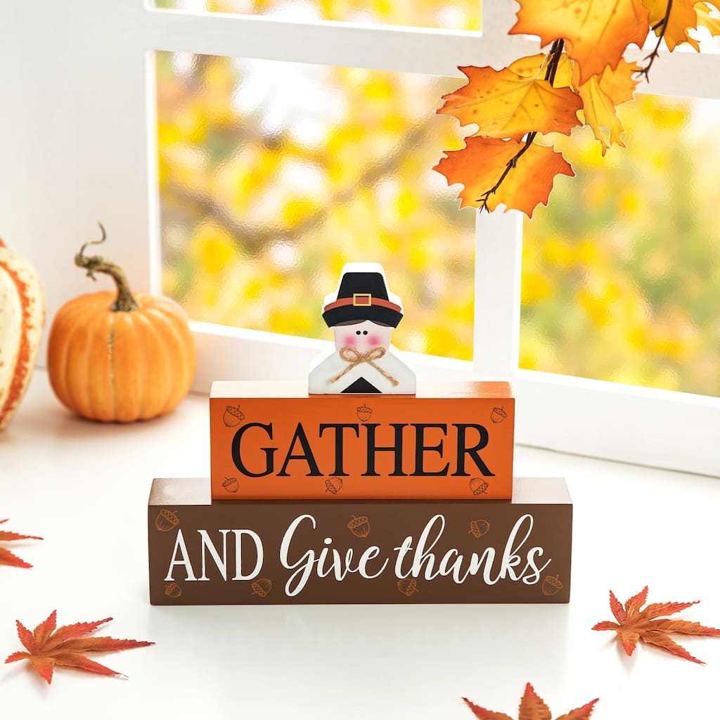 Glitzhome 9.5"L Thanksgiving Wooden Pilgrim Table Block Sign