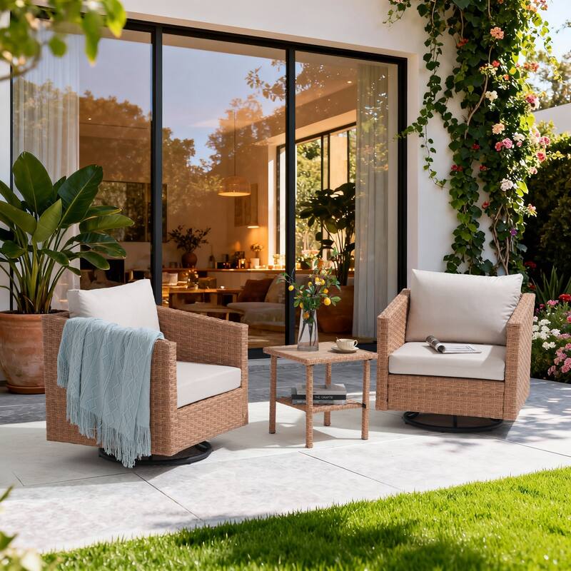 3-piece Cushioned Patio Wicker Swivel Chairs Set with Side Table Outdoor Armchair Sofa Set