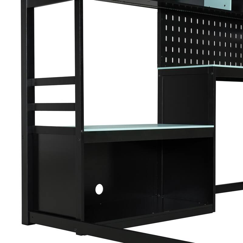 Full Size Gaming Loft Bed with Desk, Shelves, LED, USB and Pegboard