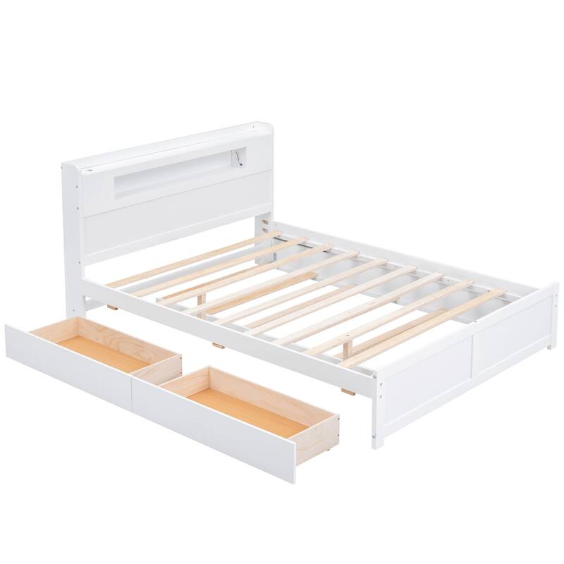 Roomfitters Queen Size Storage Platform Bed with LED Headboard, 2 Drawers and Twin Trundle, Space-Saving
