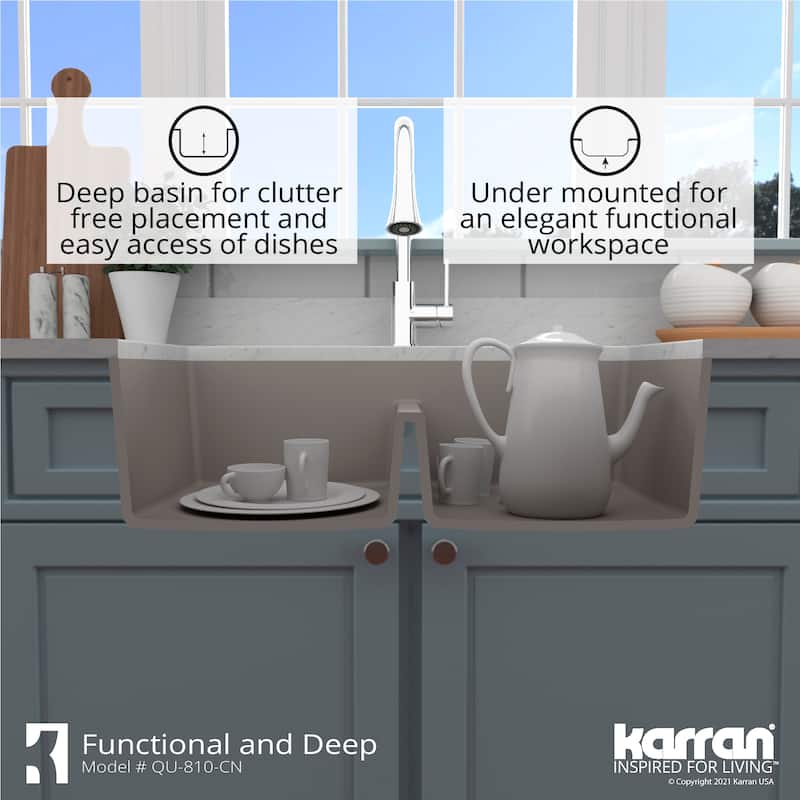 Karran 32" Undermount Double Equal Bowl Quartz Kitchen Sink Kit - 32" x 19.5" x 9"