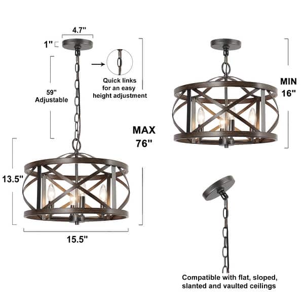 Modern Farmhouse 4-Light Drum Chandelier Wood Grain Lights for Dining Room - D15.5" x H76"