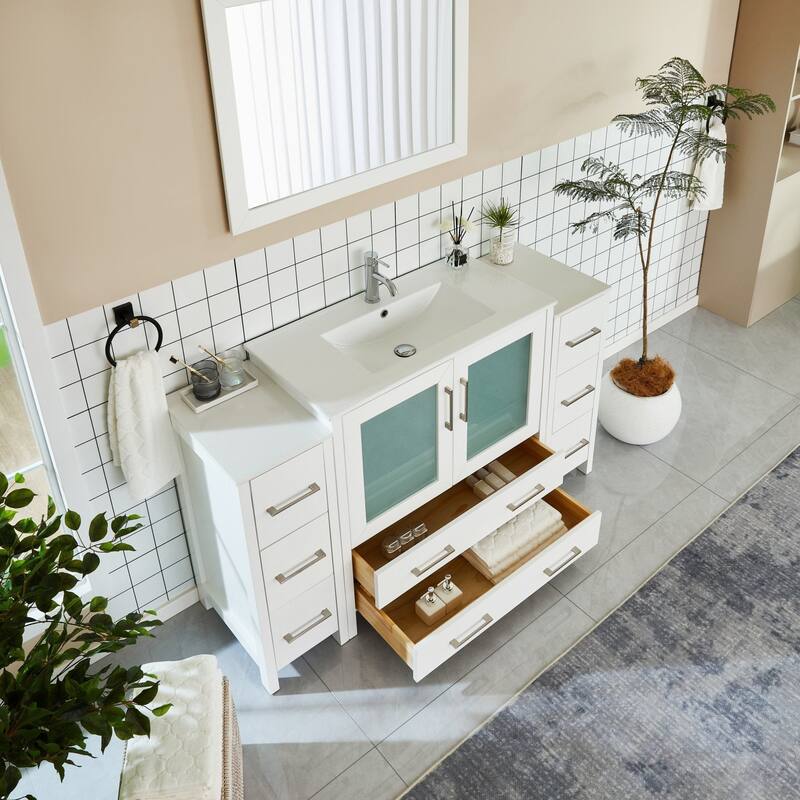 Vanity Art 60-Inch Single Sink Bathroom Vanity Set 8 Dove-Tailed Drawers 3 Cabinets 1 Shelf Soft-Closing Doors with Free Mirror