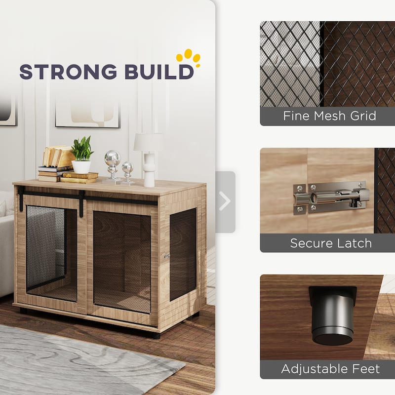 PawHut Dog Crate Furniture, 39" Dog Kennel Furniture End Table with Sliding Barn Door, Dog Cage Table for Large Dogs