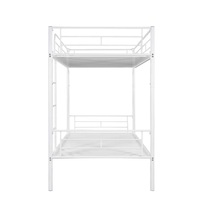 White Twin over Twin Metal Bunk Bed with Fence & Ladder