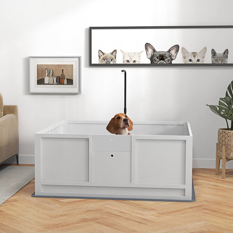 White Pinewood MDF Steel Dog Whelping Box with Pig Rail and Pad - 51.25" L x 51.25" W x 19.75" H