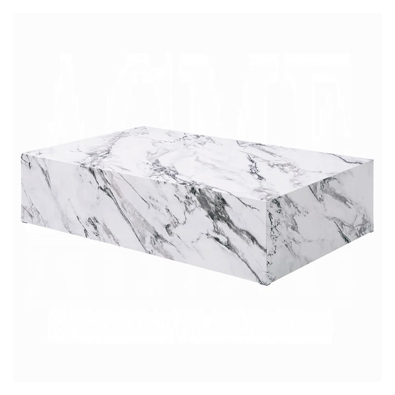 Ritzy Coffee Table, Modern Plinth, White Gray Faux Stone, 48 Inch