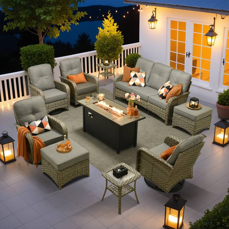 OVIOS 10-piece Patio Wicker Conversation Furniture Set with Fire Pit - DarkGrey