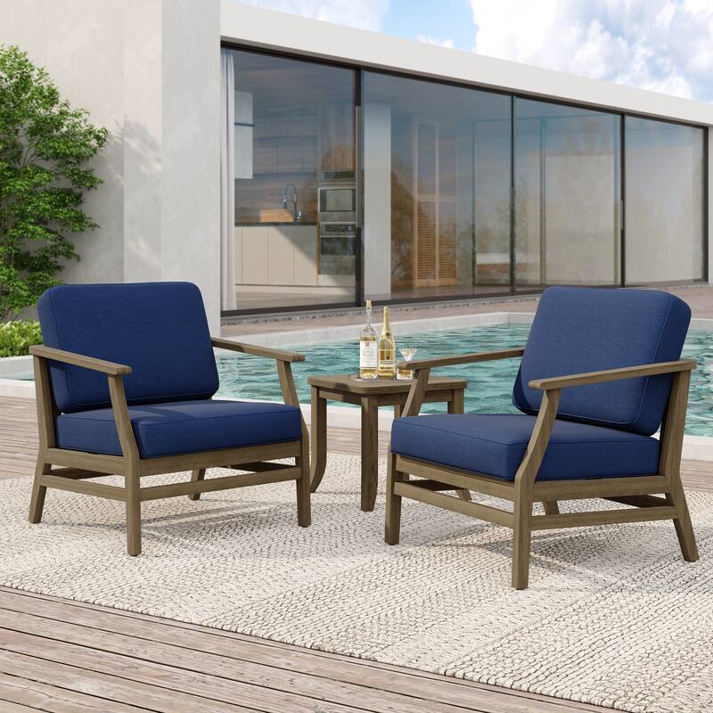2 Set Patio Teak Wood Outdoor Chair and Side Table Set with Cushions