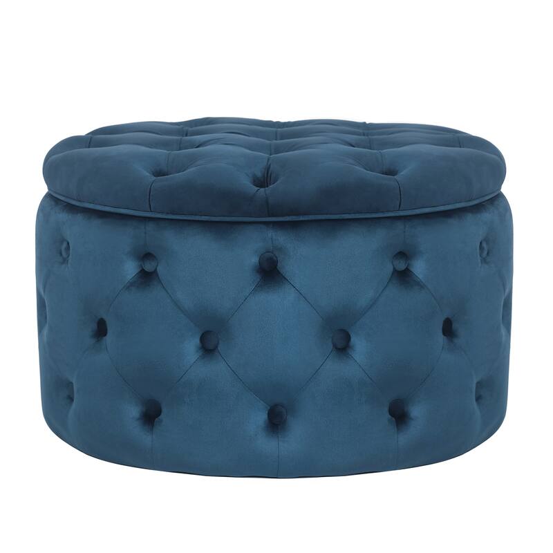 Adeco Round Velvet Button Tufted Storage Ottoman Footrest Footstool