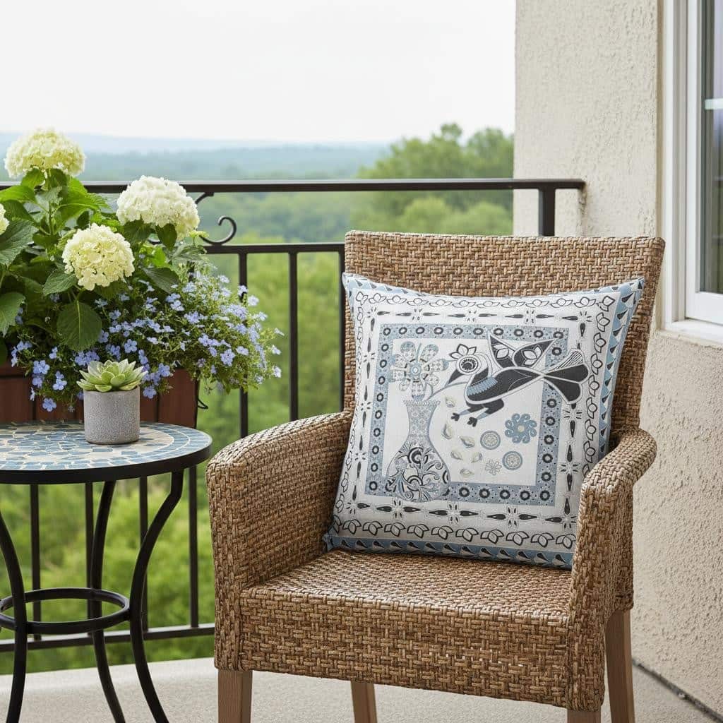 HomeRoots 16" x 16" Blue and White Bird Blown Seam Abstract Indoor Outdoor Throw Pillow - 16.00' X '5.00' X '16.00