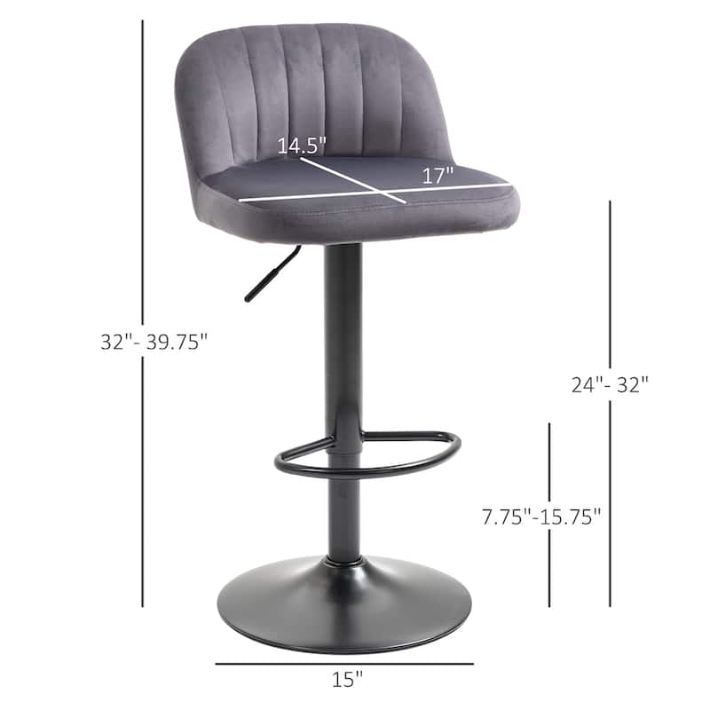 HOMCOM Adjustable Bar Stools Set of 2, Velvet Counter Height Barstool, Upholstered Kitchen Stool with Swivel Seat, Steel Frame