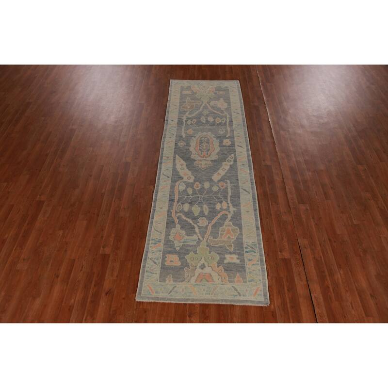 Hand Knotted Oriental 100% Wool Carpet Transitional Geometric Navy Blue & Blues Oushak Runner Rug - 9' 6'' X 2' 11''