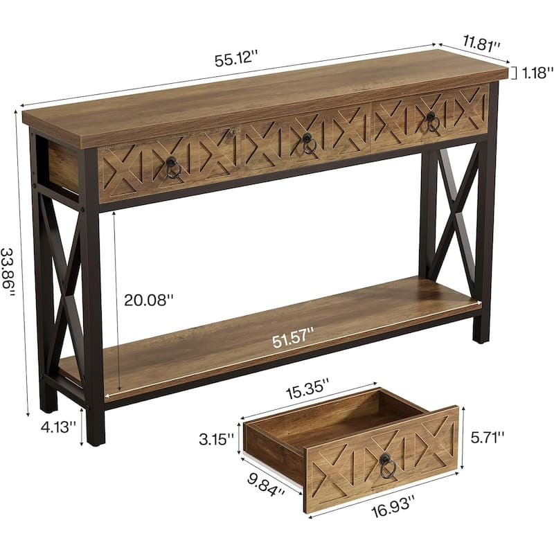 55" Farmhouse Narrow Console Table with 3 Drawers, Long Rustic Entryway Table with 2-Tier Storage Shelf