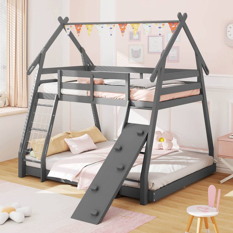 Costway Twin Over Queen Bunk Bed House Shaped Bed Frame with Climbing - See Details