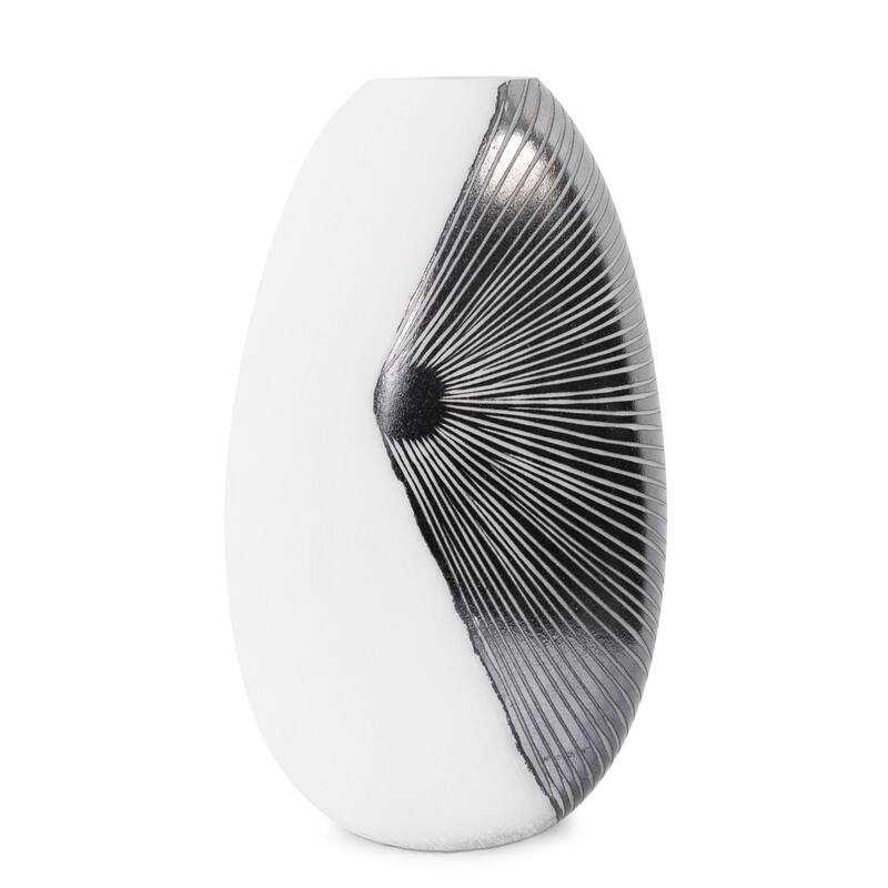 Allan Andrews Contemporary Glossy White Blown Glass Vase with Black Rays