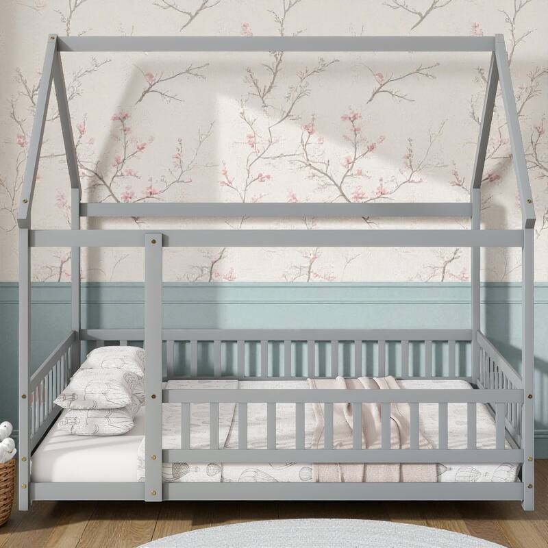 Full Size House Floor Bed with Roof Frame and Guardrails, Solid Wood Montessori Bed for Kids with Fence Design - Grey - Full