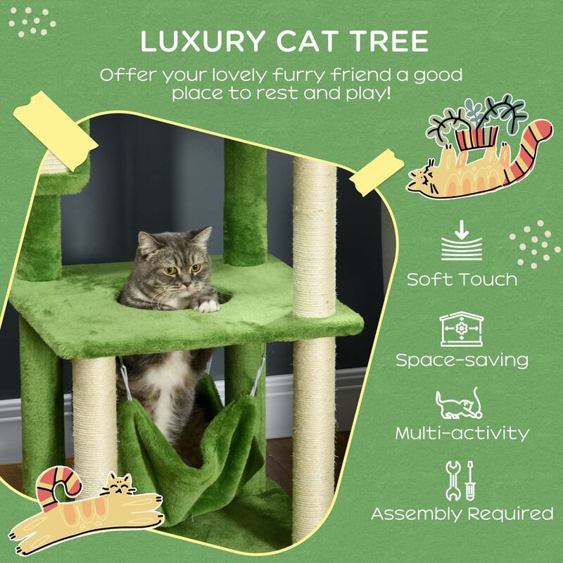 56" Cat Tree for Indoor Cats with Hammock, Cat Tower with Scratching Post, Platforms, Play Ball and Anti-tipping Device - Green