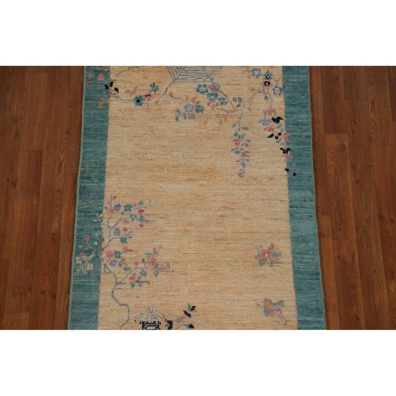 Vegetable Dye Oushak Turkish Runner Rug Handmade Wool Carpet - 2'10"x 11'9"