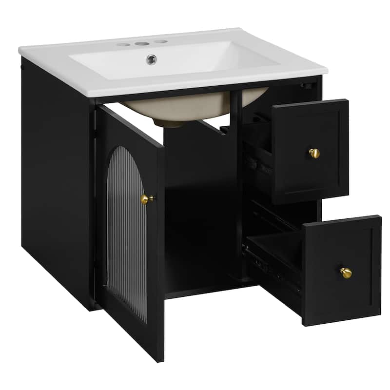 Roomfitters 24 Inch Wall Mounted Bathroom Vanity with Ceramic Sink, Floating Cabinet with 2 Drawers