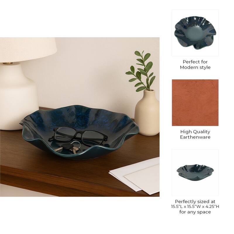 Decorative Round Wavy Edge Glazed Pottery Bowl - 16", Blue - 15.5"