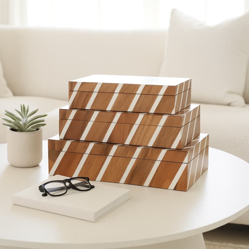 Resin Wood Storage Boxes Diagonal Stripe (Set of 3) - 10/11/12" Brown - 12" x 8" x 3.5"