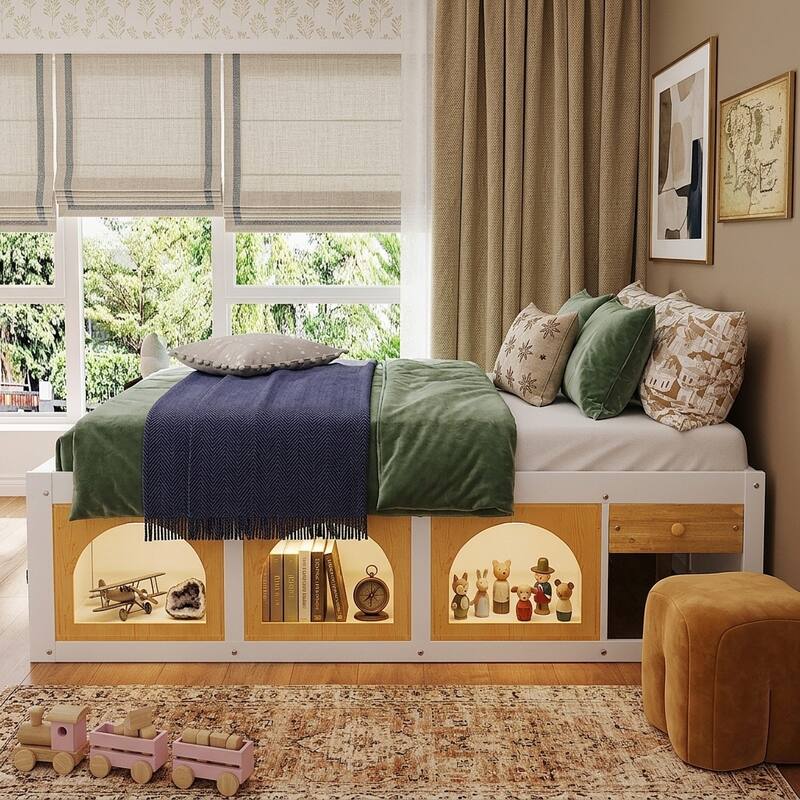 Wooden Platform Bed with Footboard Bookshelf, LED Display Cabinet and Drawer Storage by Harper&Bright Designs