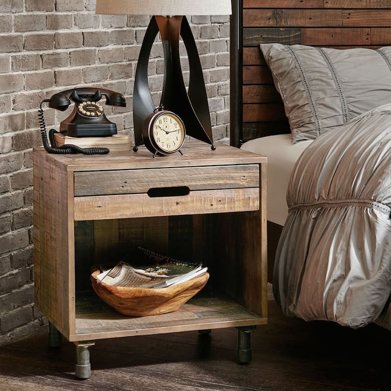 Wood Metal Nightstand,Weathered Finish,Silver Rustic,Bedroom Side - Brown