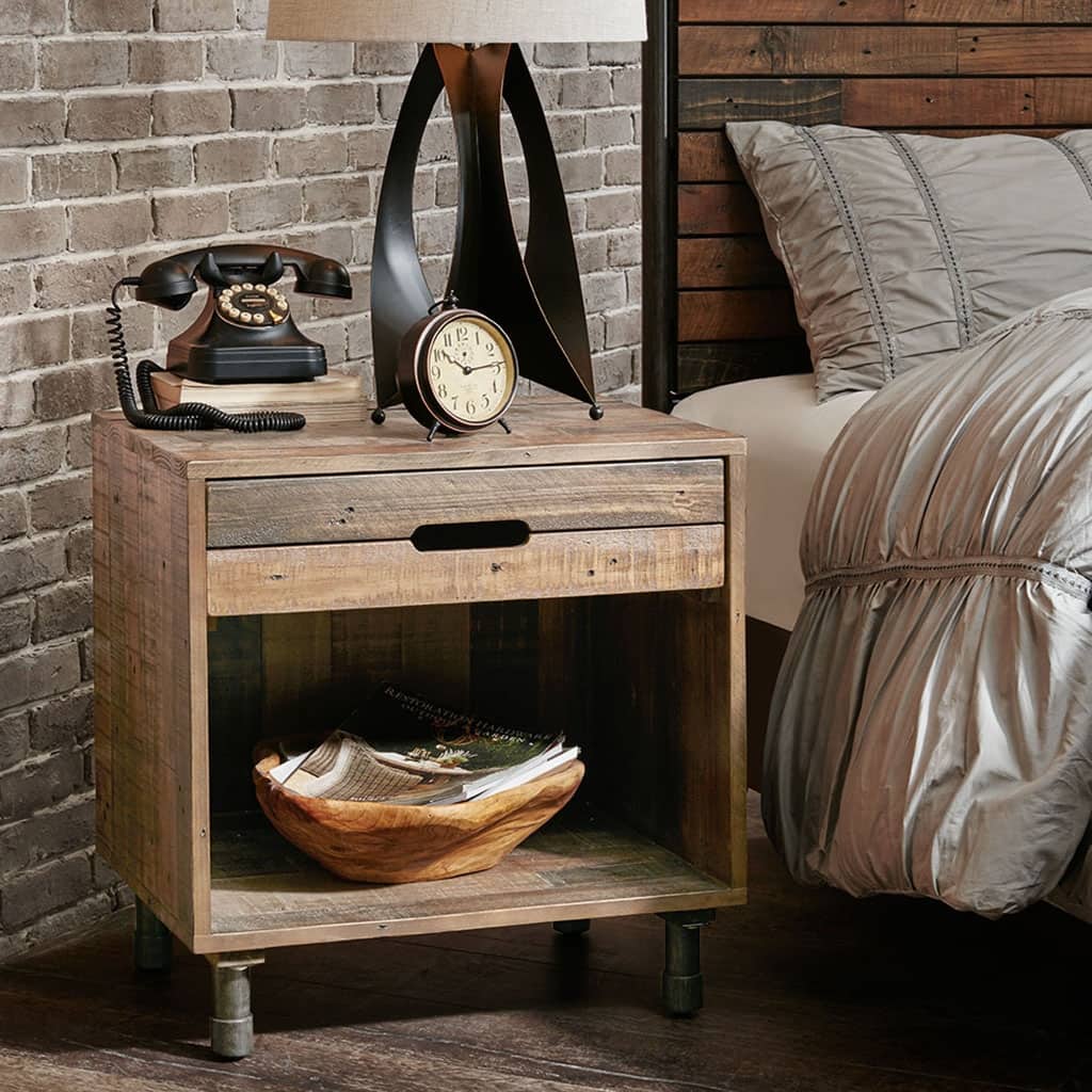 Wood Metal Nightstand,Weathered Finish,Silver Rustic,Bedroom Side