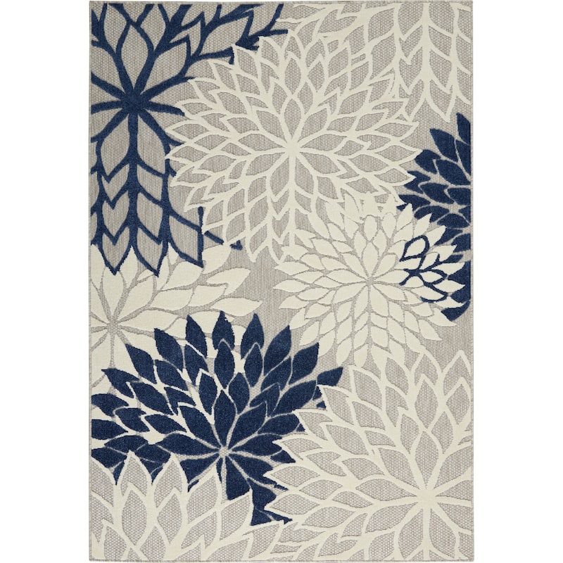 Nourison Aloha Floral Modern, Indoor/Outdoor Area Rug - 7'10" x 10'6" - Ivory/Navy Blue