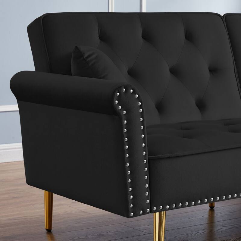 Velvet Tufted Sofa Couch with 2 Pillows and Nailhead Trim