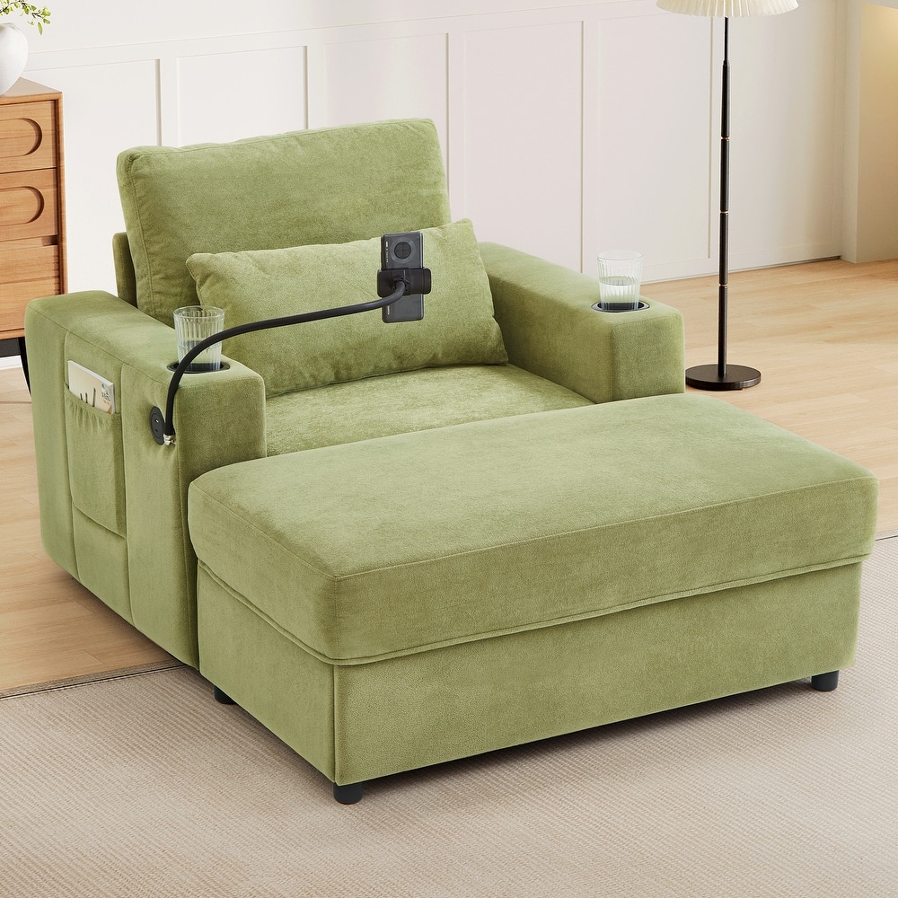 Roomfitters Armchair Chaise Lounge with Storage Ottoman, USB Ports, Cup Holders, Phone Slot and Pockets