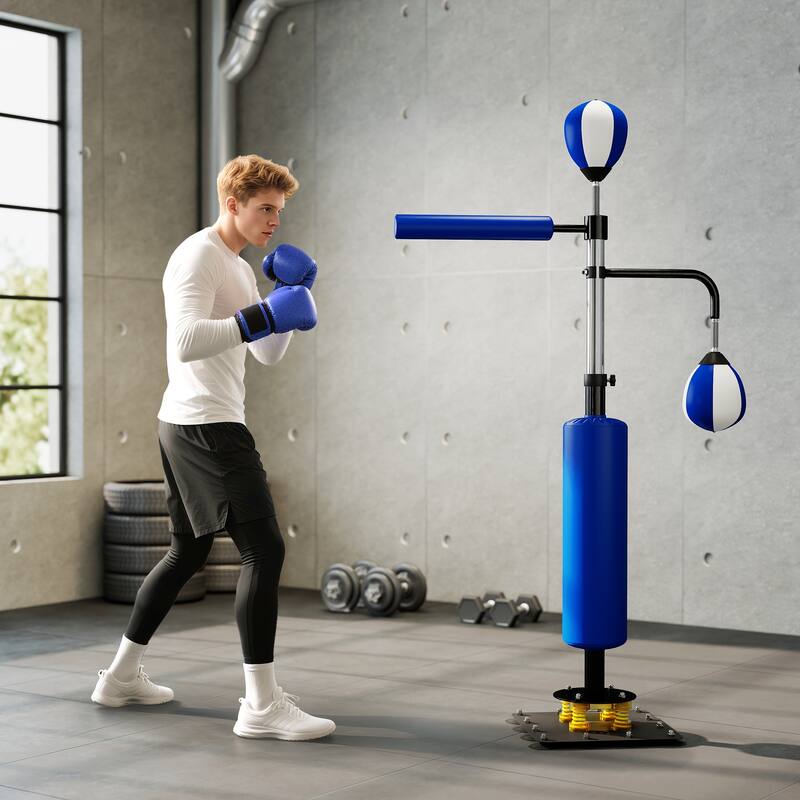 Soozier 4.6'-6.7' Boxing Bag Stand with Speed Bag and Reaction Bar Challenge, Reflex Bag Boxing Training Equipment ,Blue