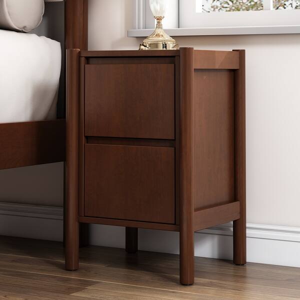 slide 2 of 9, Solid Wood Bedside Table, 2 Drawer Mid Century Modern Nightstand with Storage for Bedroom, Living Room, Walnut
