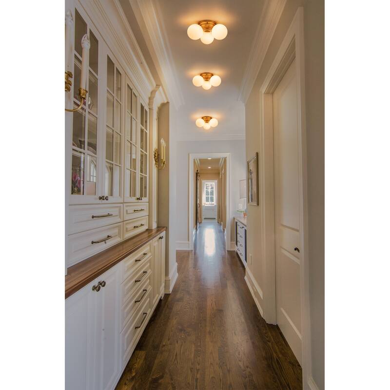 Modern 3-Light Flush Mount Ceiling Light with Opal Glass Globe Shades - Brass