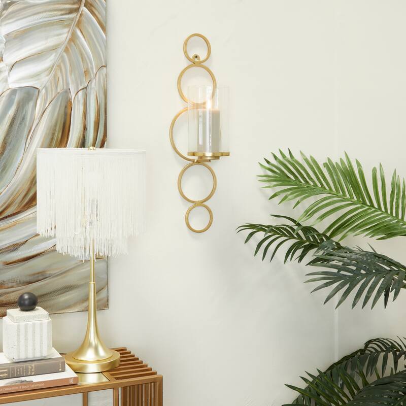 CosmoLiving by Cosmopolitan Metal Stacked Circle Geometric Wall Sconce with Glass Holder - Gold, Black, Silver - Gold