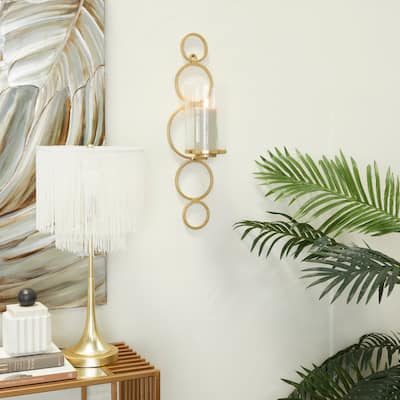 CosmoLiving by Cosmopolitan Metal Stacked Circle Geometric Wall Sconce with Glass Holder - Gold, Black, Silver