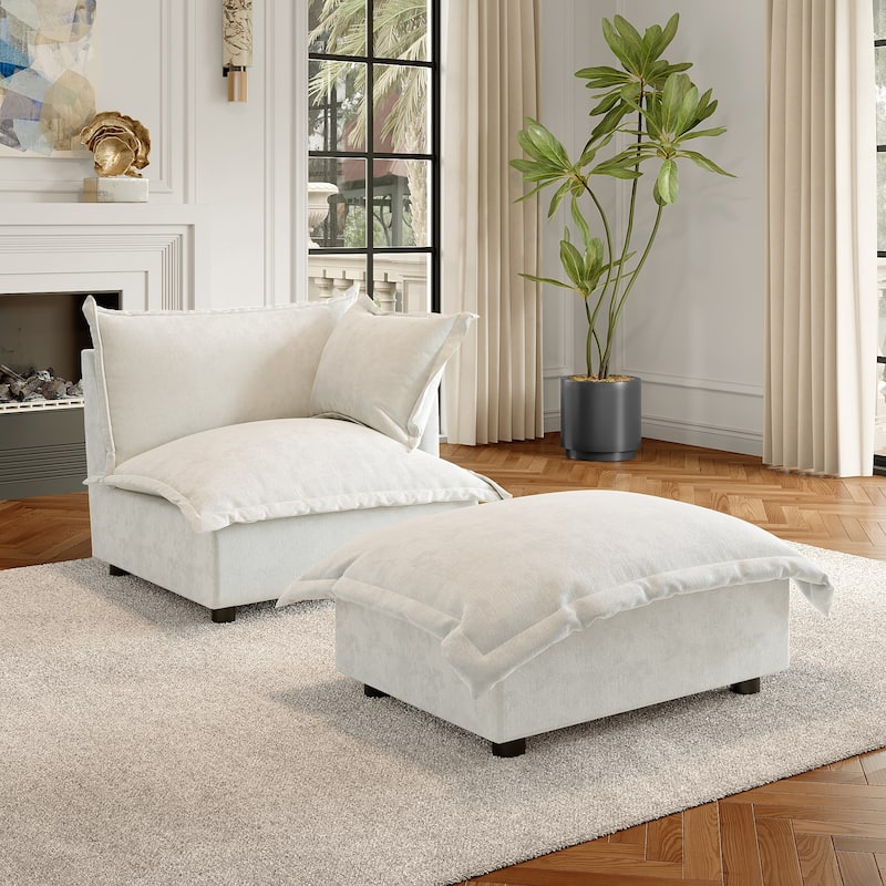 Modern Cloud Chaise Longue Accent Chair with Ottoman set - Beige-right - Corner Chair+ottoman