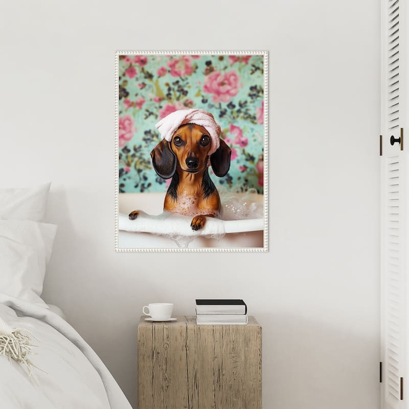 Bath Time Dachshund by Mowzu Framed Canvas Wall Art