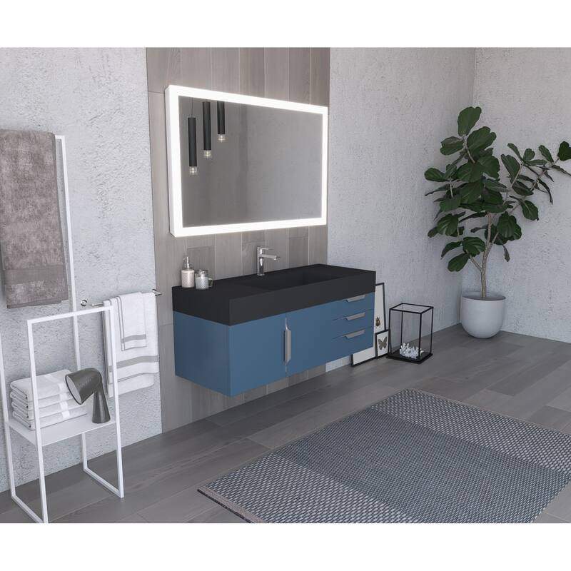 Amazon 48" Wall Mounted Bathroom Vanity Set w/ Black Top