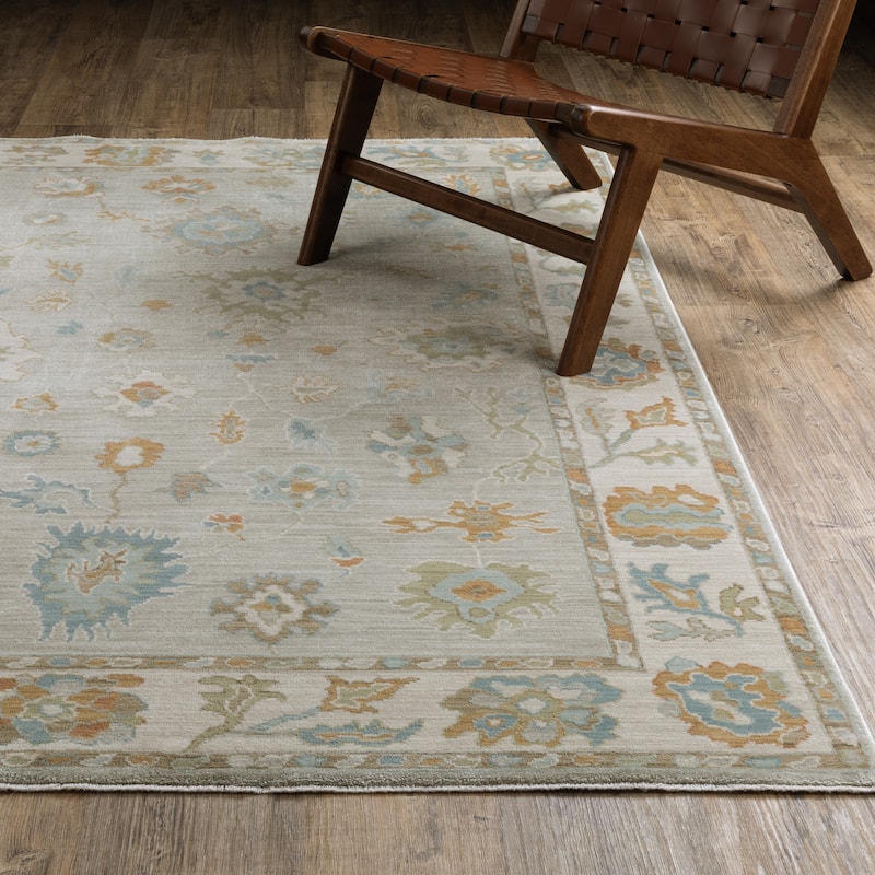 Meadow Bordered Oriental Grey/ Blue Area Rug - 9' 10" x 12' 10" - Rectangle