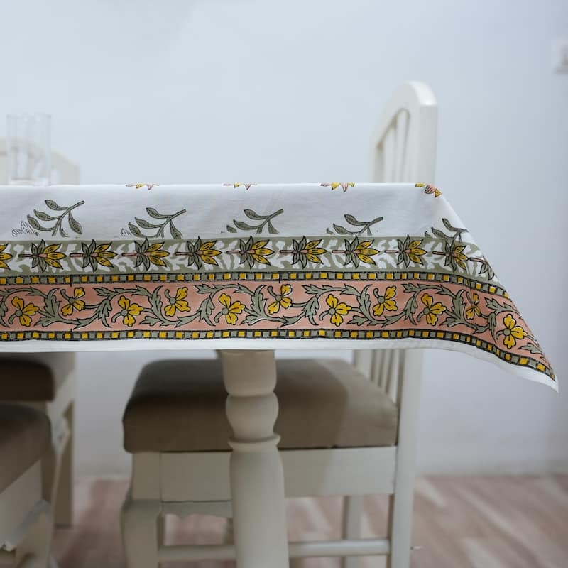 Fabdivine Handmade Block Print Cotton Brown Table Cover or Cloth Dining, Farmhouse & Kitchen Décor - 72"X118" - Summer Flower- Mustard Yellow, Green