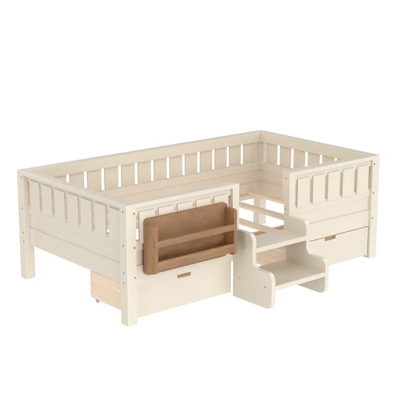 Full/Twin Loft Bed with Storage Drawers, Safety Staircase & Rails