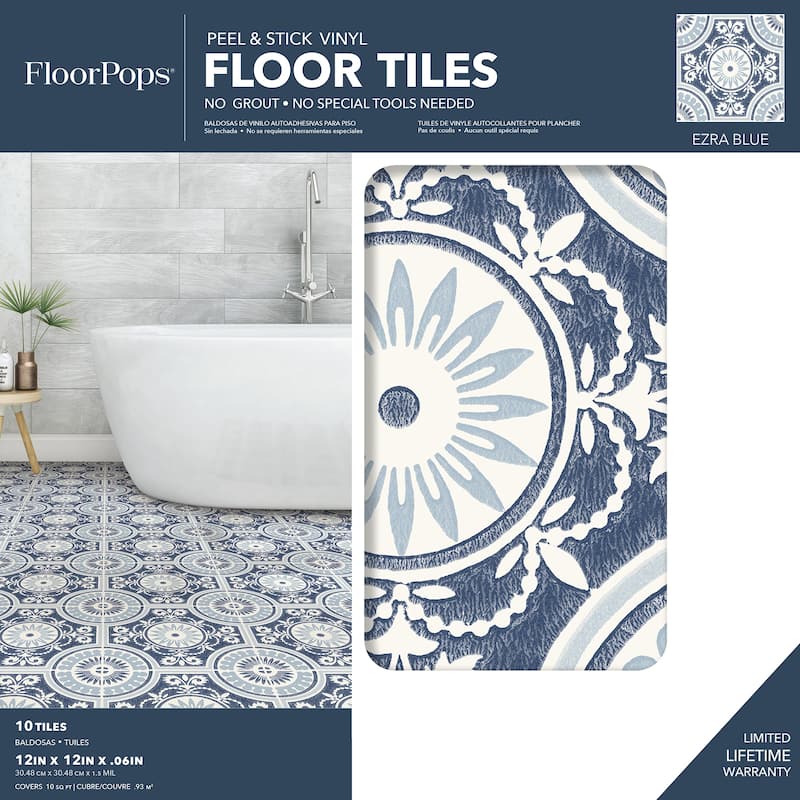FloorPops Ezra Blue Peel & Stick Floor Tiles