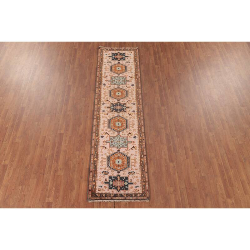 Geometric Pink Kazak Runner Rug Handmade Oriental Wool Carpet - 2'7"x 9'11"