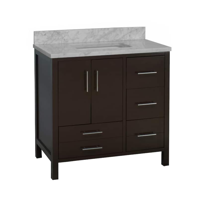 KitchenBathCollection California 36" Bathroom Vanity with Carrara Marble Top