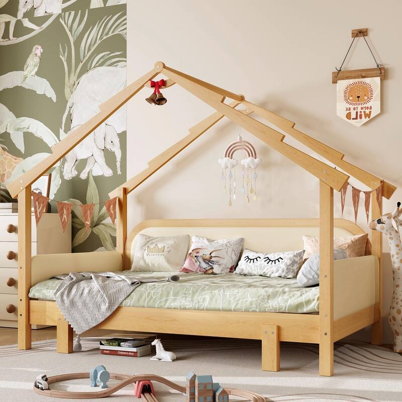 Twin Size Wooden Treehouse Bed with Soft Cushion Rails