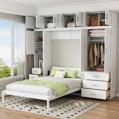 Twin/Full Size Murphy Bed with Wardrobe, Storage Drawers and Lockers, Solid Wood Wall Bed Cabinet Bed w/ Open Shelves & Cabinets