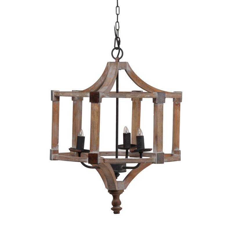 3 - Light Wood Drum Chandelier, Hanging Light Fixture with Adjustable Chain for Foyer Entryway, Bulb Not Included
